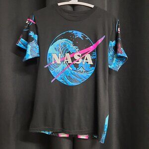 NASA Great Wave Vaporwave Rocket Graphic T-Shirt Black Medium Women's Juniors